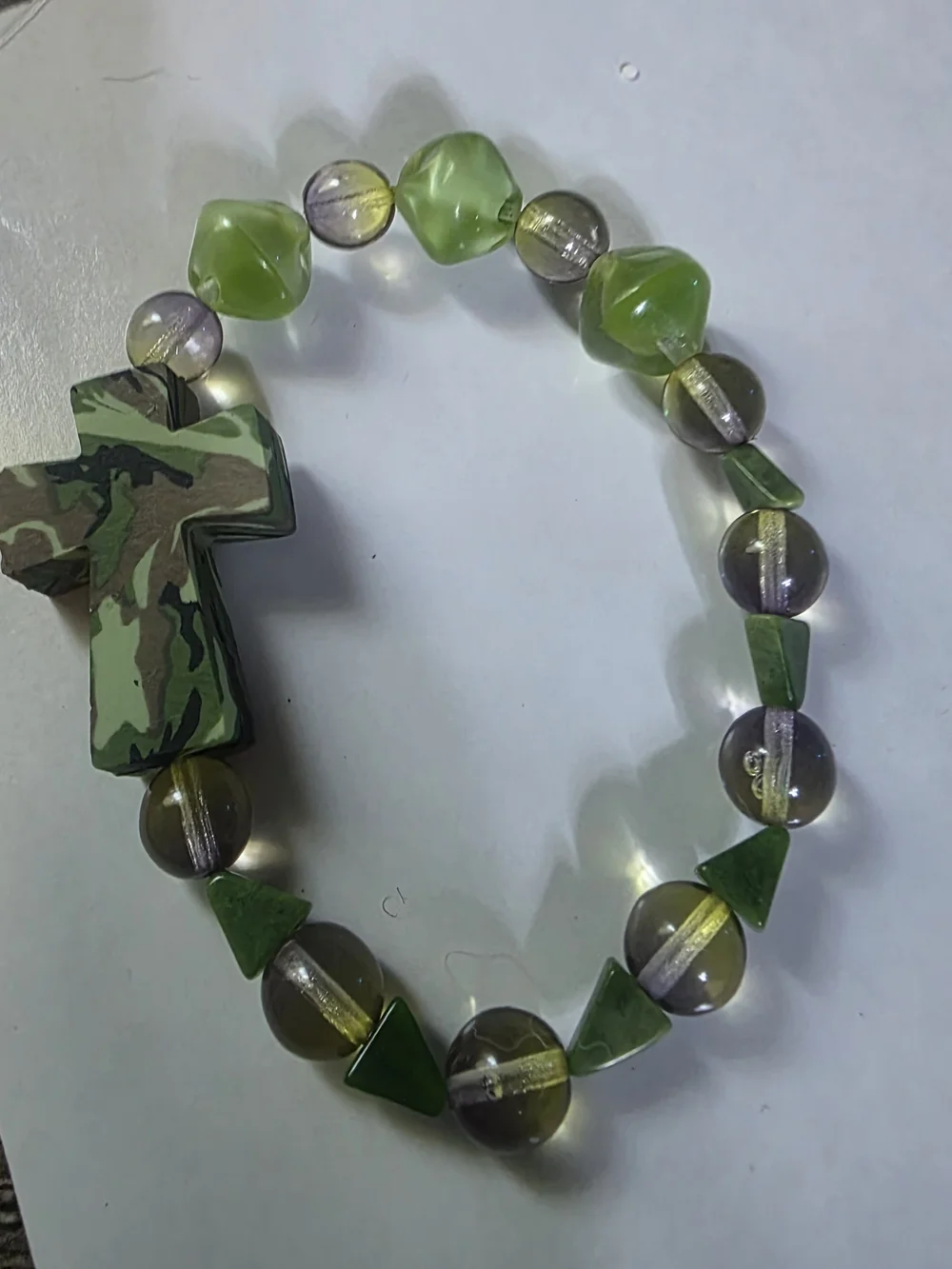 Camouflage Cross Beaded Stretch Bracelet Green